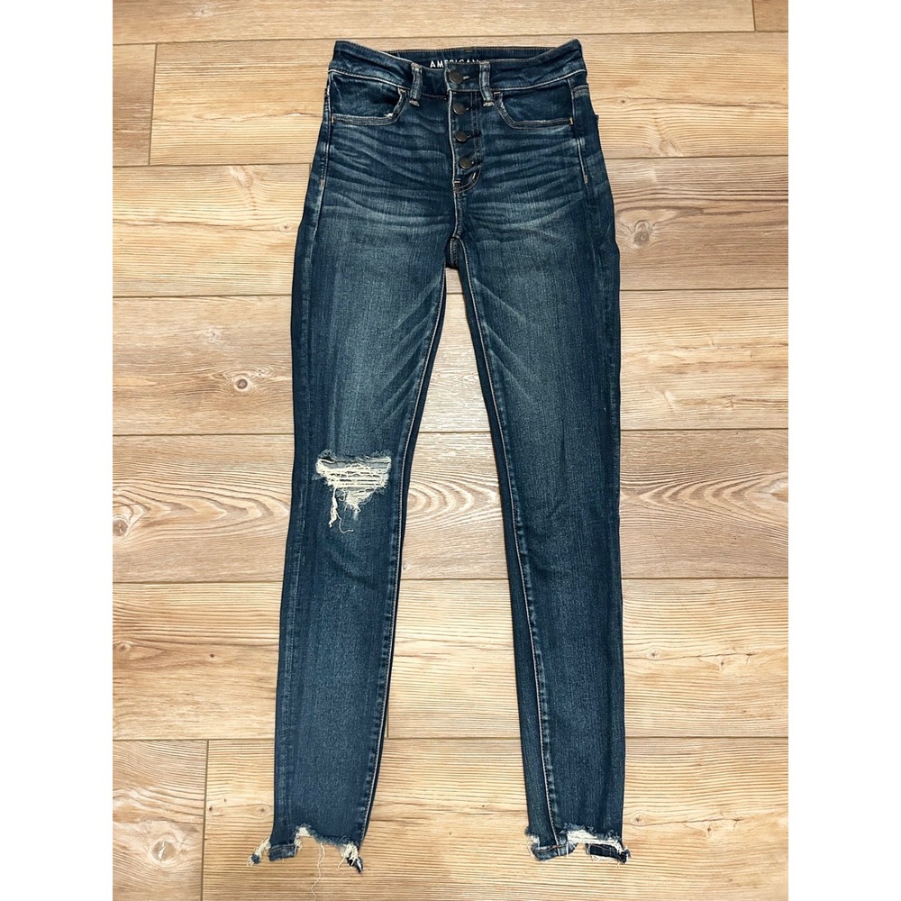 American Eagle High Waisted Button Fly Skinny Jeans Dark Wash Distressed 2 Long